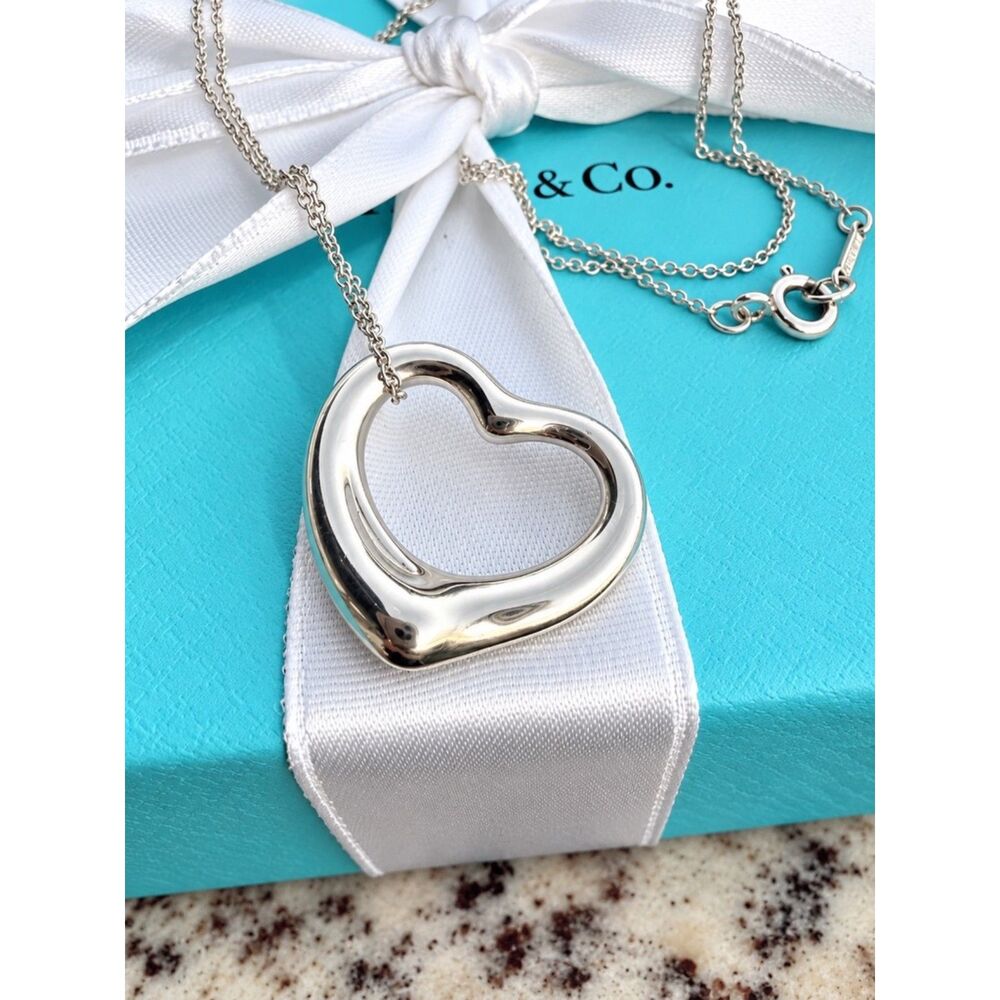 Tiffany & Co Elsa Peretti Open Heart Necklace in Silver, 27mm, Medium, 16"